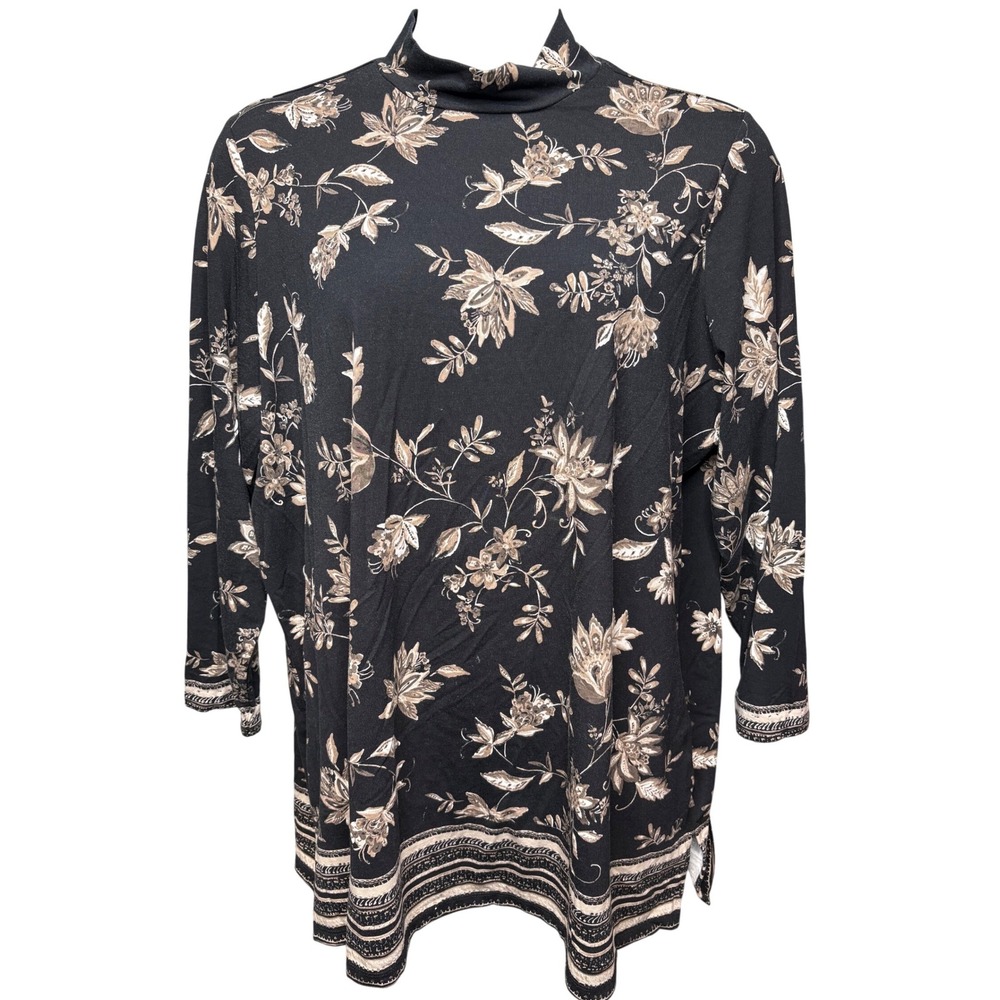 SUSAN GRAVER Womens Black Floral Tunic Top 2X Mock Neck Boho-Chic Modest Office